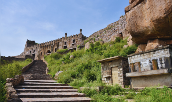 The historic Golconda Fort at dusk