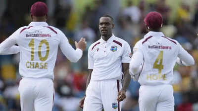 Jayden Seales gesturing during the Test match.