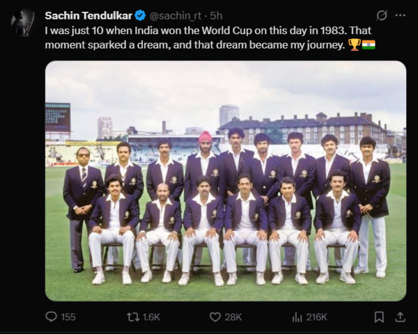 Sachin Tendulkar reflects on the 1983 World Cup win