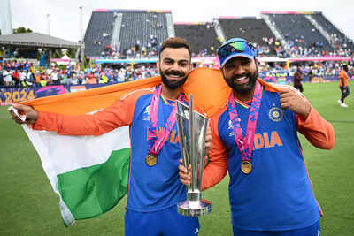 Virat Kohli and Rohit Sharma celebrate T20 World Cup victory